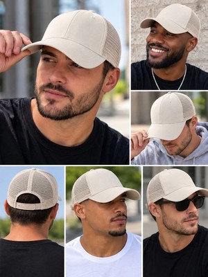 White Men's Trucker Hat Mesh Back Solid One Size Baseball Cap