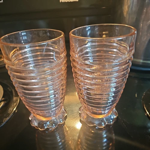 Set Of Two Vintage Anchor Hocking Pink Glasses/Tumblers Art deco 8 Oz