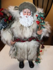 Decorative Santa Figurine, Rustic "Woodland Santa" Faux Fur, Sprig of Berries