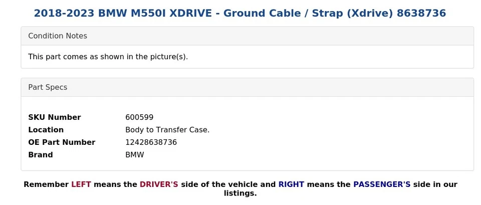 BMW M550I XDRIVE 2018-2023 - Cable de tierra/correa (Xdrive) 8638736 Foto 3 de 4