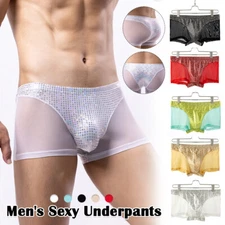Mens Boxer Shorts Stage Performance Underwear Sequin Transparent Mesh Underpants