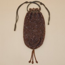 Antique Art Deco Amber Beaded Flapper Crochet Evening Bag Pouch Tassel Pin