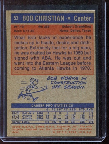 1972 Topps Basketball # 53 Bob Christian (NM+) Near Mint Plus - Picture 2 of 2