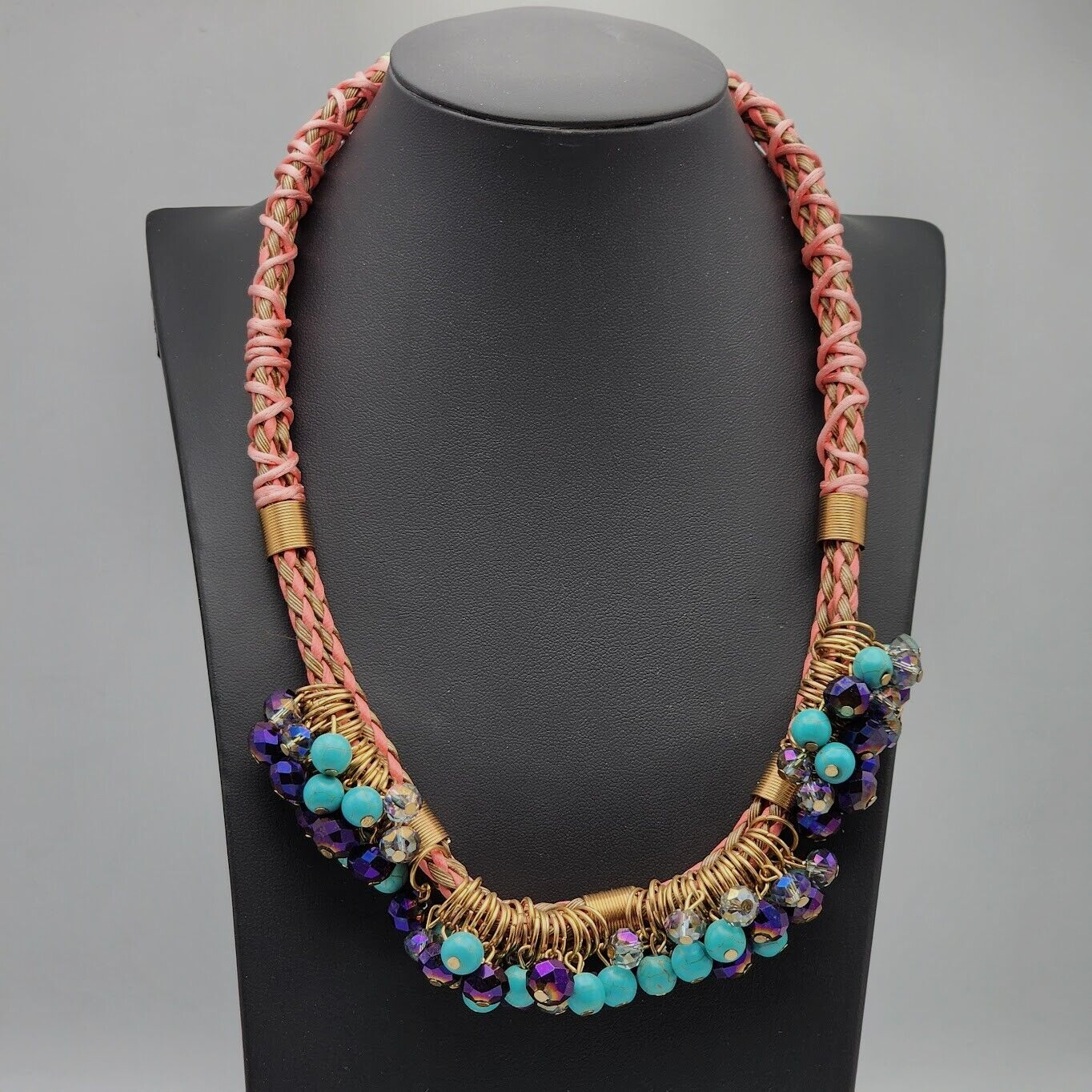 Pink Woven Braided Cords Turquoise AB Purple Crystals Cha Cha Choker Boho Tribal