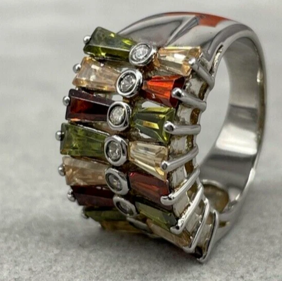 Anello Donna Argento 925 cristalli baguette multicolor 8,95G Misura 16 elegante. - Immagine 3 di 4