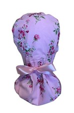 SATIN LINED  Medical Scrub Cap - Ponytail Hat, Pink Flowers Nurse, Surgical