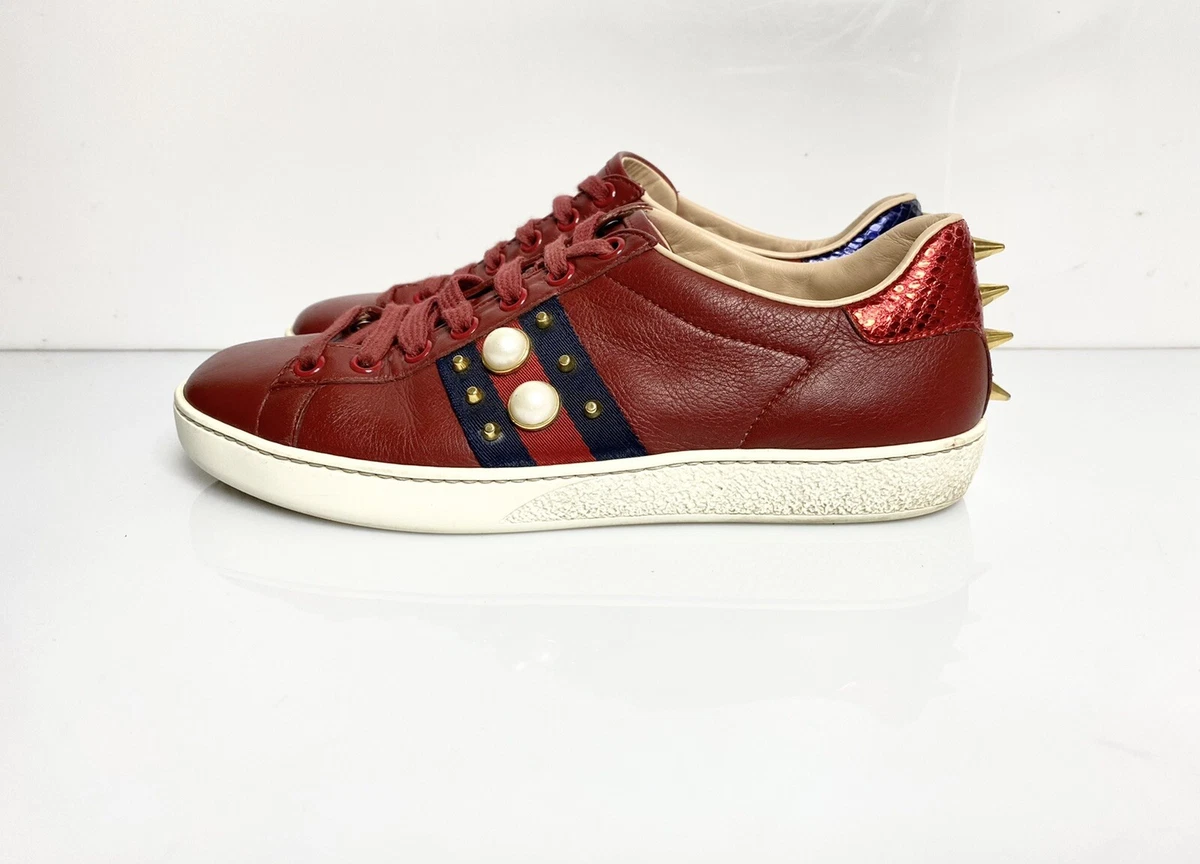 Ace Studded Pearl Sneakers Leather Web Stripe Shoes Red Sz 36 |