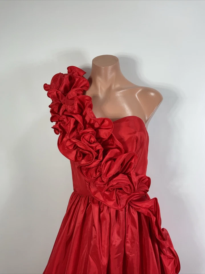 Vtg 80s Prom Gown Sz 5 One Shoulder Rosette Fit Flare Puffy Party Formal Dress - Image 4 of 4
