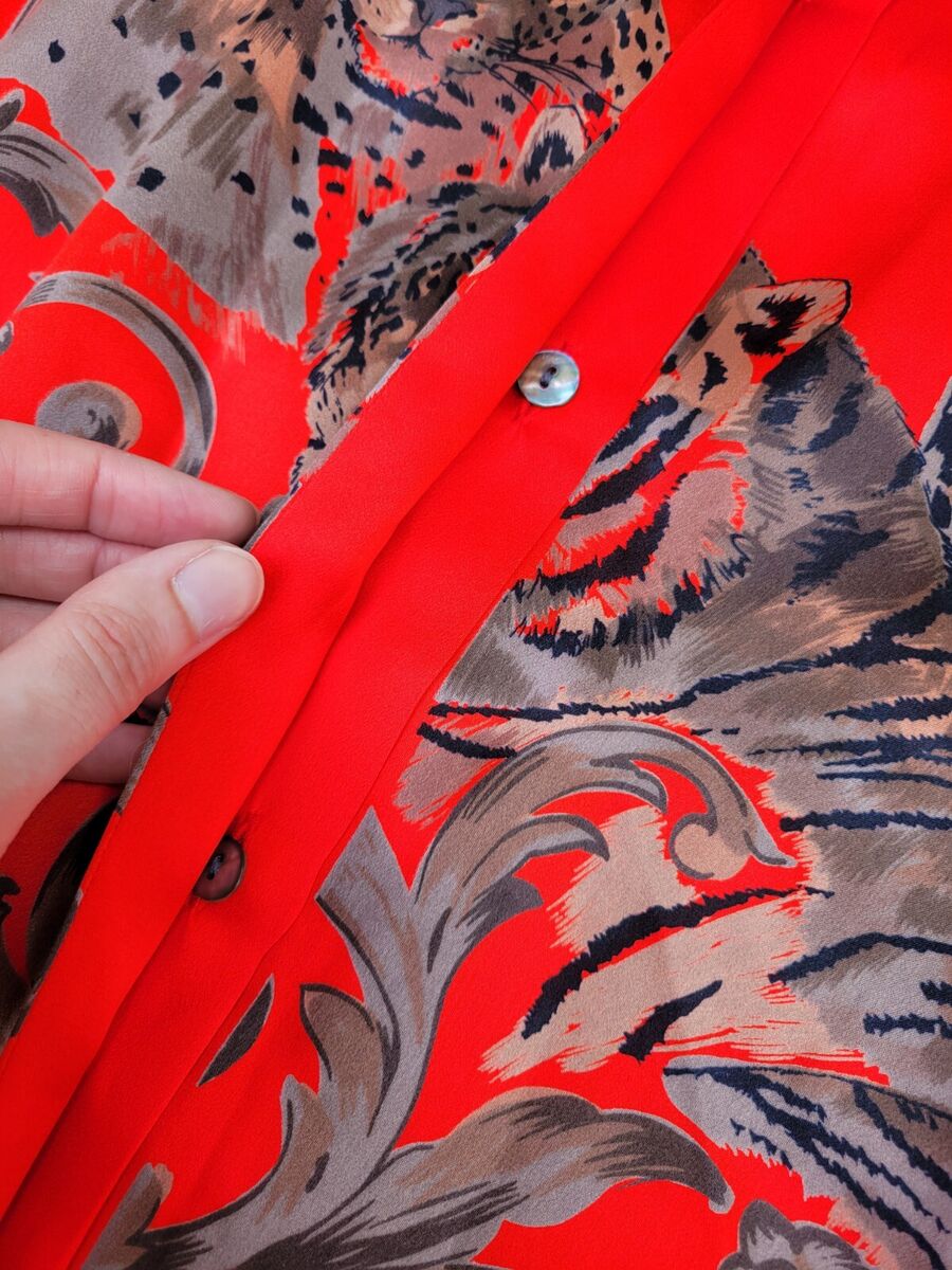 Paolo Santini vintage 90s 100% silk blouse red big cats
