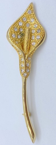 D8-3786 VINTAGE BROOCH GOLD TONE PIN 3" RHINESTONE FLORAL PANT