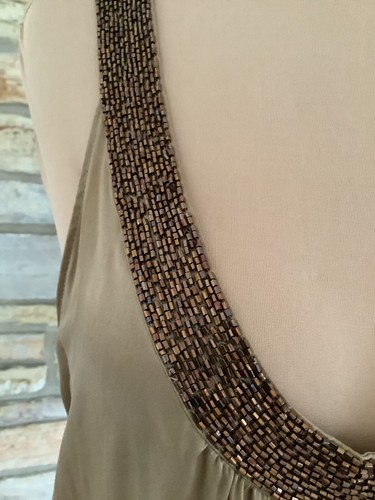 Vintage EXPRESS Deep Scoop Stretch Silk Tunic Bronze Copper Beaded Neckline M - Picture 4 of 21