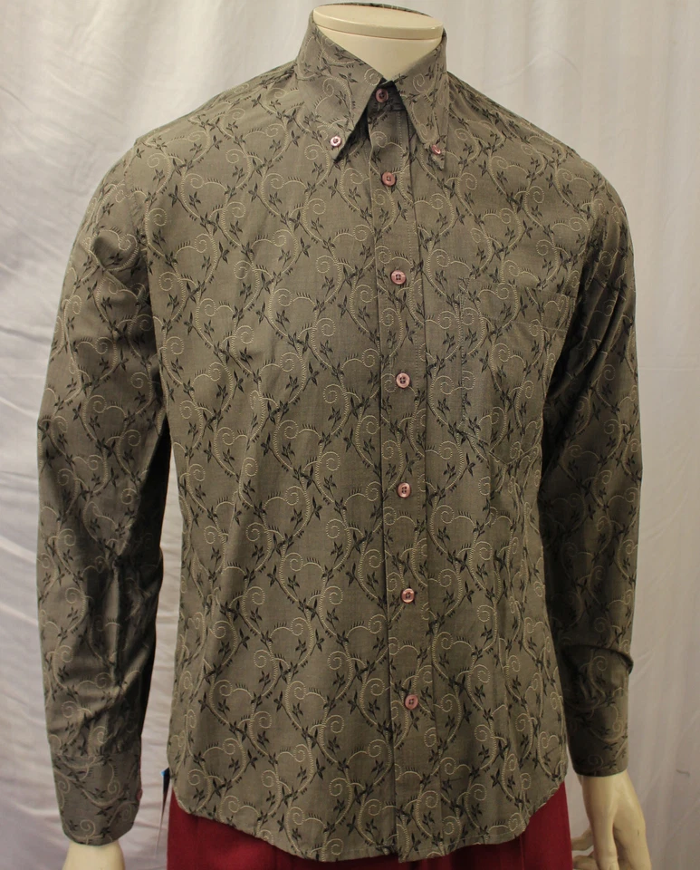 LINDY LOUS Herren Mans 1960er Stil grau Paisley Shirt 60er Jahre Mods Northern Soul Mod Shirt