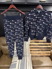 Champion Men  s Blue Logo Fleece Sweatsuit Set Hoodie  Tapered Pants S Top M