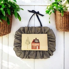 VTG Primitive Folk Art Fabric Wall Hanging Winter House Tree Black Stripes 9" 