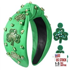 St.Patrick's Day Headband for Women - Glitter Shamrock Jeweled Knotted Green2