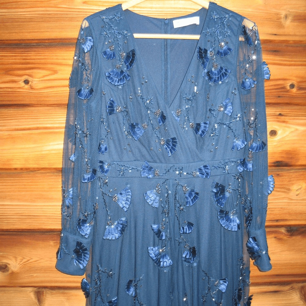 NWT MAC DUGGAL 9256 Mesh Long Sleeve V-Neck Tiered A Line Gown Blue 12 image 7