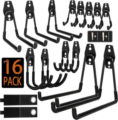 Steel Garage Storage Hooks - 16 Pack Anti-Slip Coating, Heavy Duty Wall Mount Ho
