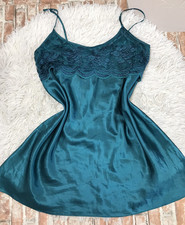 Private Luxuries Green/Blue Shiny Satin Embroidery Lace Trim Nightie Nightgown M