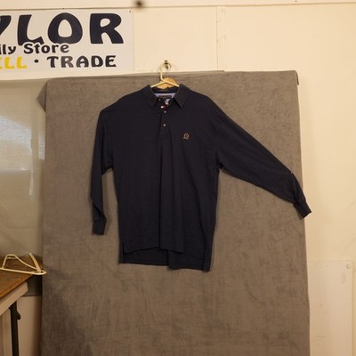 Tommy Hilfiger Polo Shirt Mens L Navy Long Sleeve Golf Embroidered Crest Button