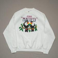 Vintage 90s Just Mauied Toucan Birds Tropical White Sweatshirt Adult XL