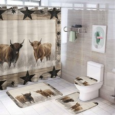 4Pcs Farmhouse Highland Cow Shower Curtain Sets with Rugs, Lid Cover and Bath...