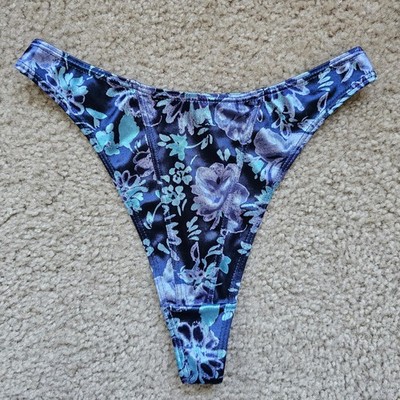 Vintage 90s unbranded second skin high cut thong blue floral size small