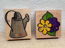 1999 Embossing Arts Set Of 2 Wood Mounted Rubber Stamps Watering Can And Flower