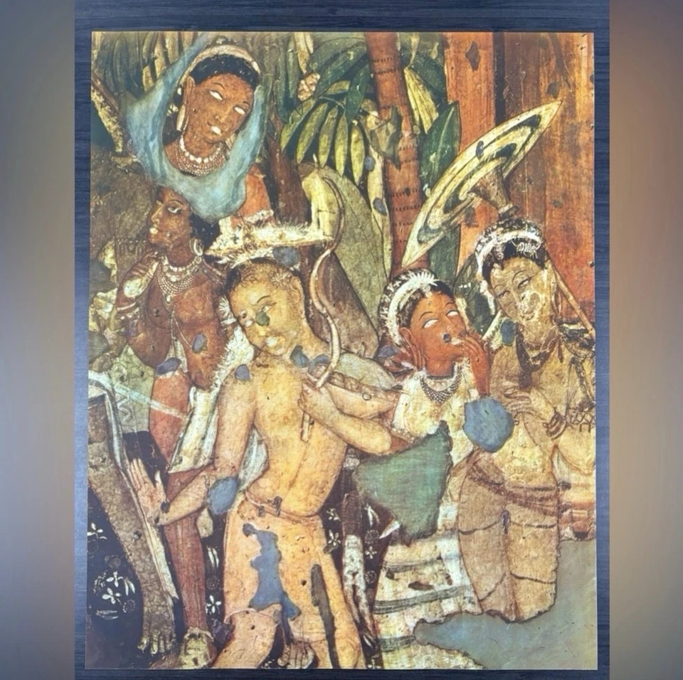 Cena do Palácio Original Antigo Vintage Fine Art ÍNDIA Impressão Pôster Ajanta Caves - Imagem 2 de 4
