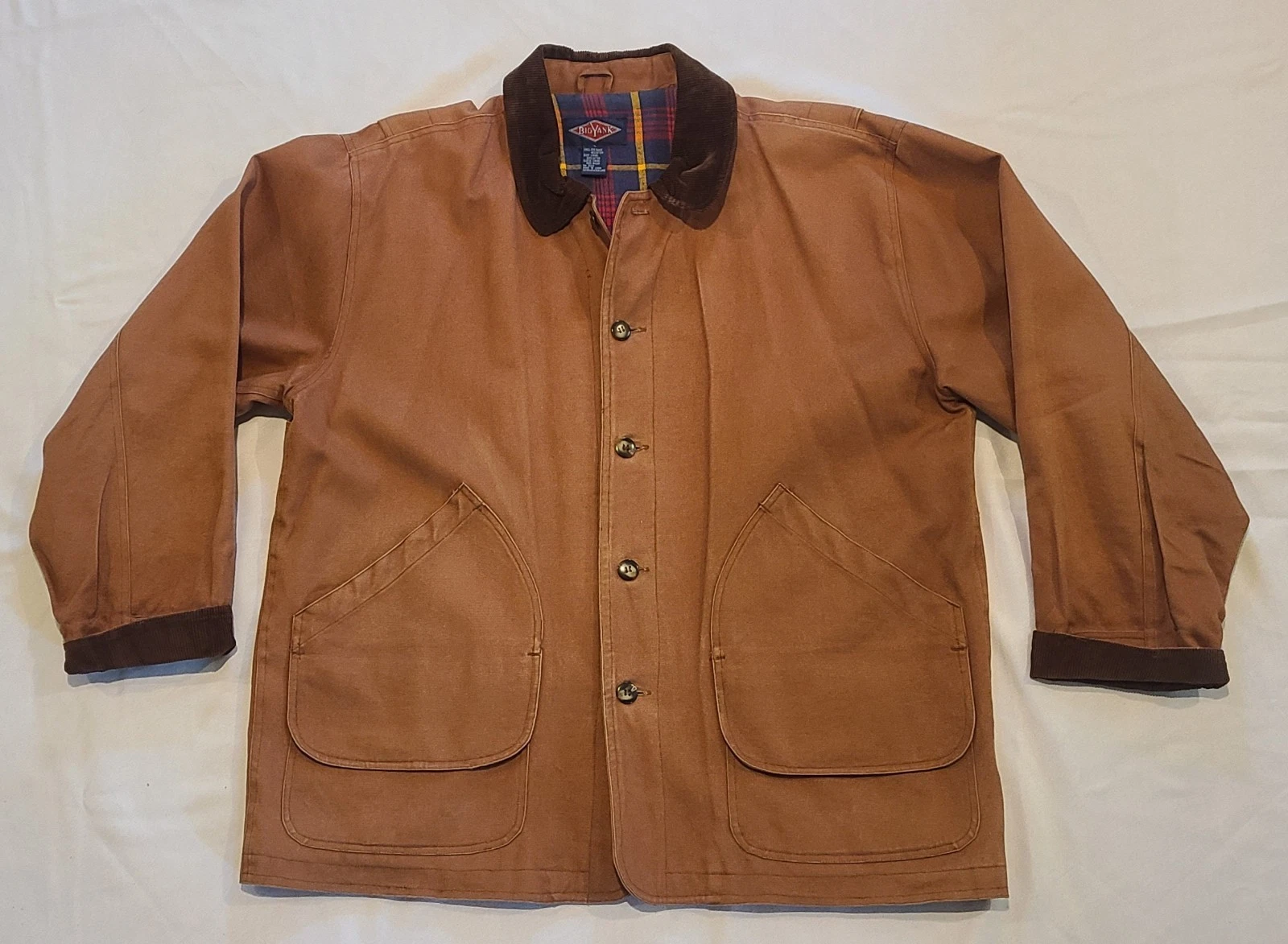 Big Yank Brown Chore Barn Jacket Corduroy Collar/Cuffs Flannel Lining Size Large