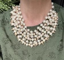 Vintage 1950s-60s Faux Pearl Bib Choker Necklace Crystal Accents Champagne Tone