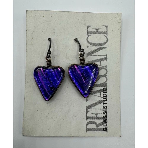 Vintage Renaissance Glass Studio Heart Dichroic Glass Earrings Purple