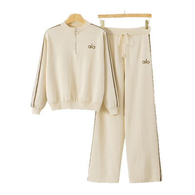 Women's Casual Sports Suit  Half-Zip Top Wide-Leg Pants Knitted Two-Piece Set