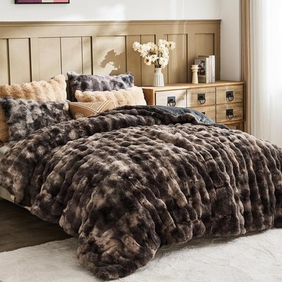 Lotus Karen Fuzzy Fluffy Comforter Queen Set - Rabbit Fluff Faux Fur Duvet