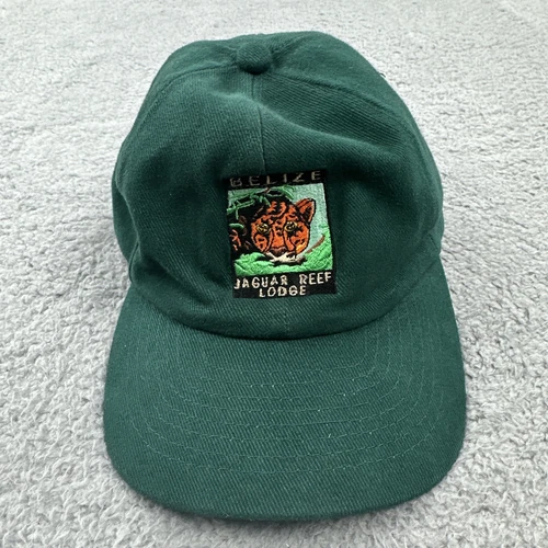Vintage Belize Jaguar Reef Lodge Green Strapback Hat Embroidered Jaguar Jungle