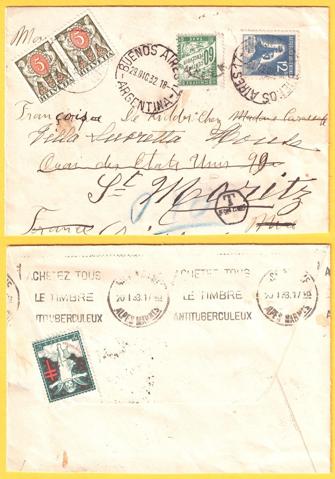 Argentina to France to Switzerland in both countries postage due 1932