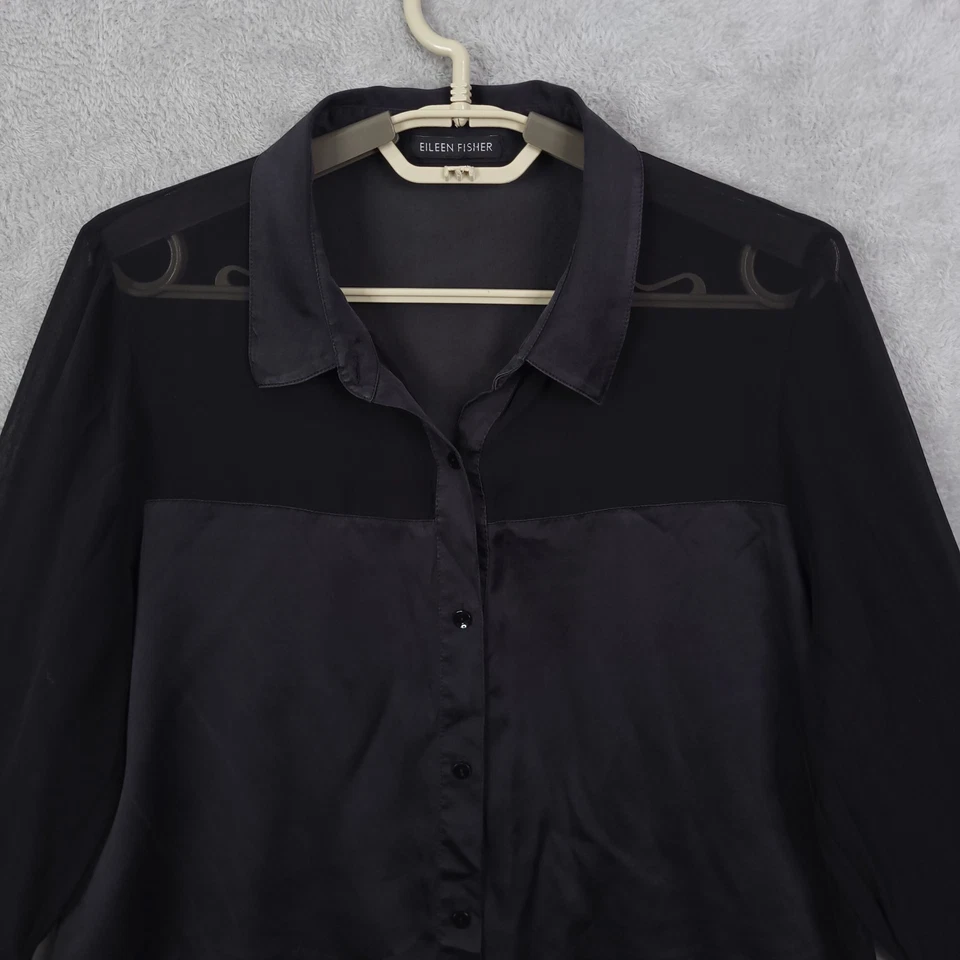 Blusa Eileen Fisher Mancha Seda Mujer Talla M Negra Abotonada Manga Larga Transparente Foto 3 de 4