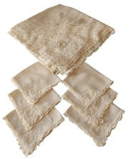 Vintage Irish Battenberg Lace Tablecloth and Six Napkins Set Cotton 56x59 Inches