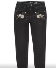 NWT 7 For All Mankind The Ankle Skinny Jeans Embroidered Chewed Hem Vintage Noir