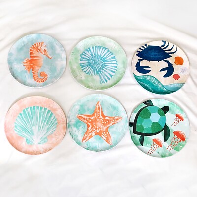 Melamine Plates, 6, Ocean Starfish Seahorse Shell Turtle Crab Beach Summer - 11''
