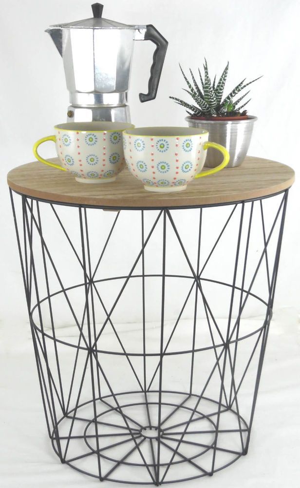 Retro Black Metal Wire Round Wood Top Storage Side Table Basket Home