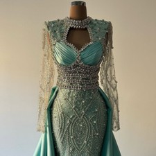 Sparkly Beading Crystals Party Gowns Long Sleeves Mermaid Evening Prom Dress
