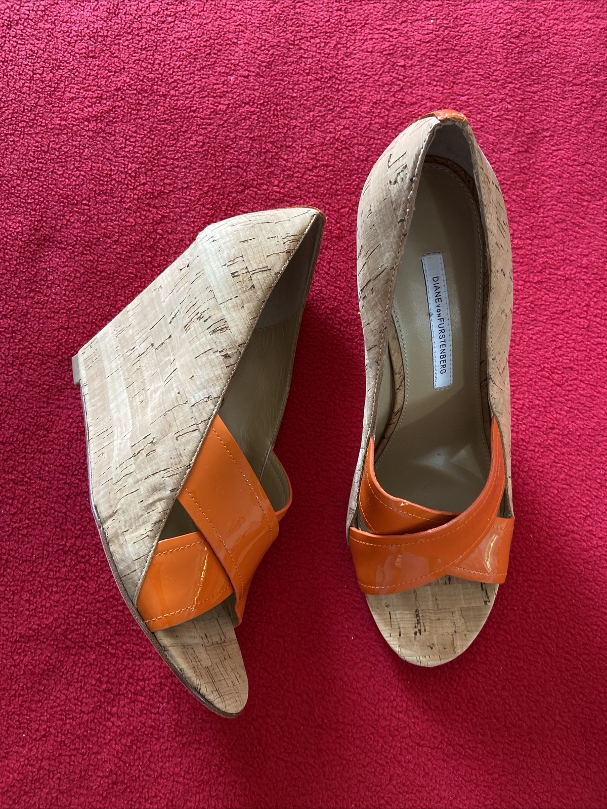 Diane Von Furstenberg Orange Patent Leather Cork Wedges Size 10-image