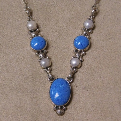 Collana in argento sterling, blocco denim lapislazzuli e perle + - Foto 2 di 5