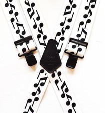 Mens Braces 2" or 1.5" Heavy Duty Jazz Music White Black Notes Black Clips Work