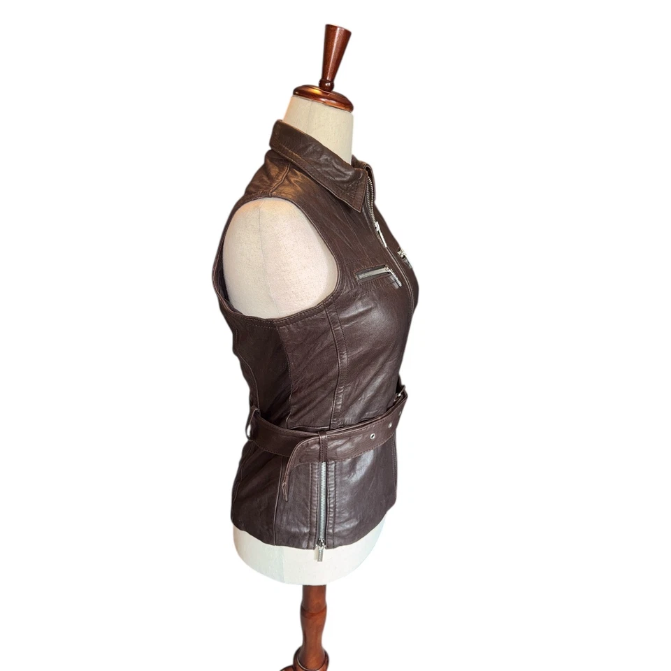 Michael Kors Brown Genuine Leather Belted Moto Vest | Size M - Image 3 of 4