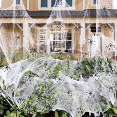 Halloween Deko Set mit dehnbaren Spinnennetzen und künstlichen Spinnen für gruse