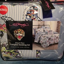 Ed Hardy King 8 Piece Complete Bedding Set - Comforter Sheets Pillowcases - NEW