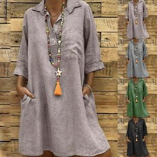 Casual Khaki 3/4 Sleeve Cotton Linen Shirt Dress Swing Dress Women's Plus Size