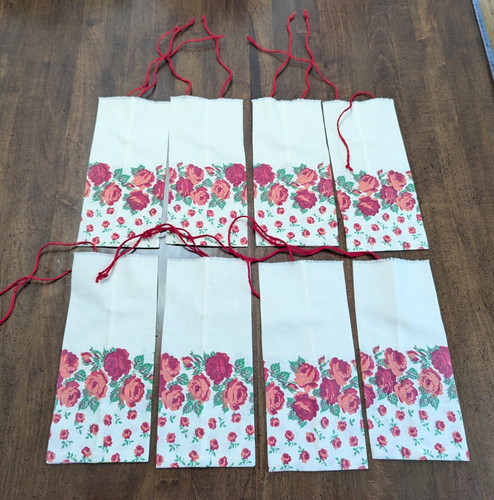 Set/8 Flat POUCHETS/BAGS hm w/VTG-USA Red-Pink ROSES Flour Sack x DIY Gifts