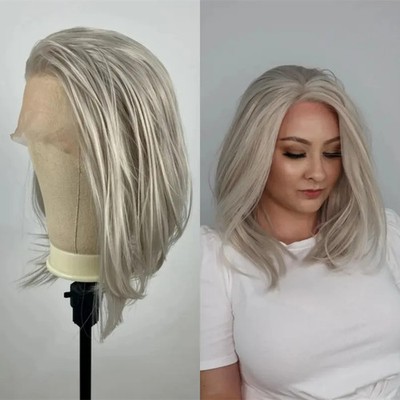 12'' Short Bob Wigs Silver Blonde Highlight Wigs 100% Human Hair Lace Front Wigs